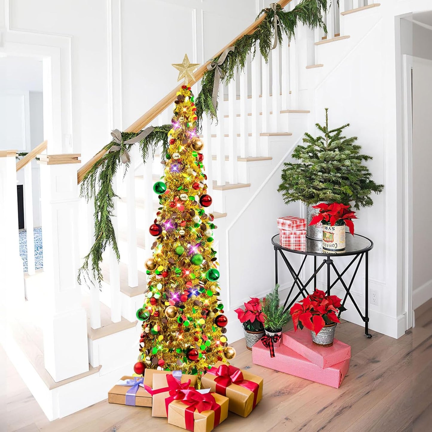 Pop up Christmas Tree with Lights & 30 Balls, 5Ft Collapsible Gold Mix Tinsel Skinny Christmas Tree Decorations for Holiday Xmas Home Office Decor