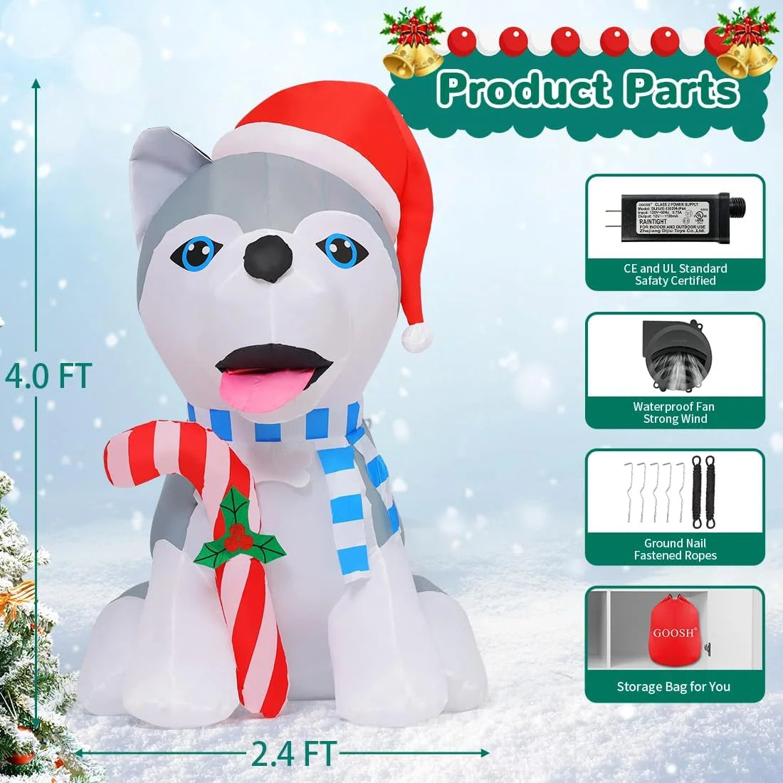 4 FT Christmas Inflatables Outdoor Dog Christmas Decorations Inflatable Christmas Dog Blow up Husky Dogs Holding Candy Cane Christmas Decoration with Built-In Leds for Xmas Party Garden Decor