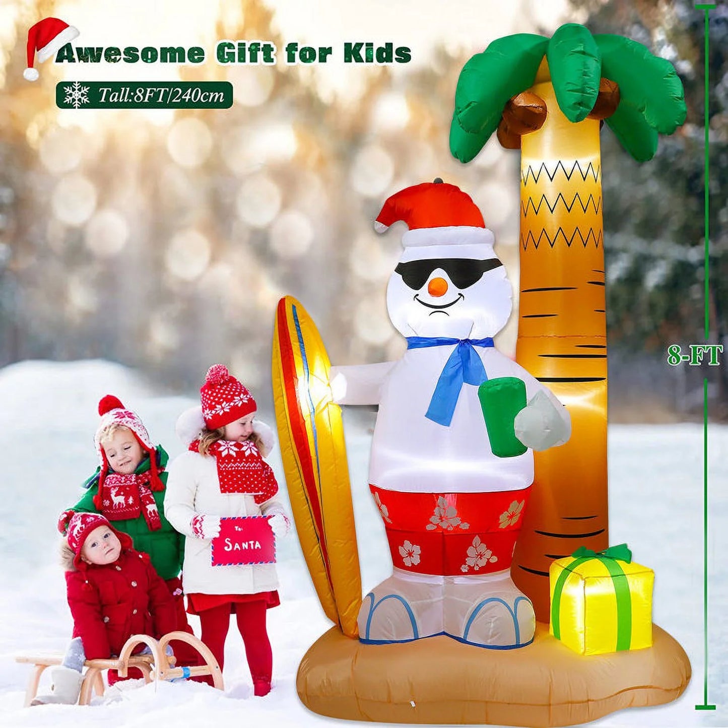 8 FT Christmas Inflatable Surfing Snowman Lawn Outdoor Decorations, Blow up Snowman with Gift, Built-In LED Lights, Xmas Decor Holiday Indoor Outdoor Party Garden Yard Decoration