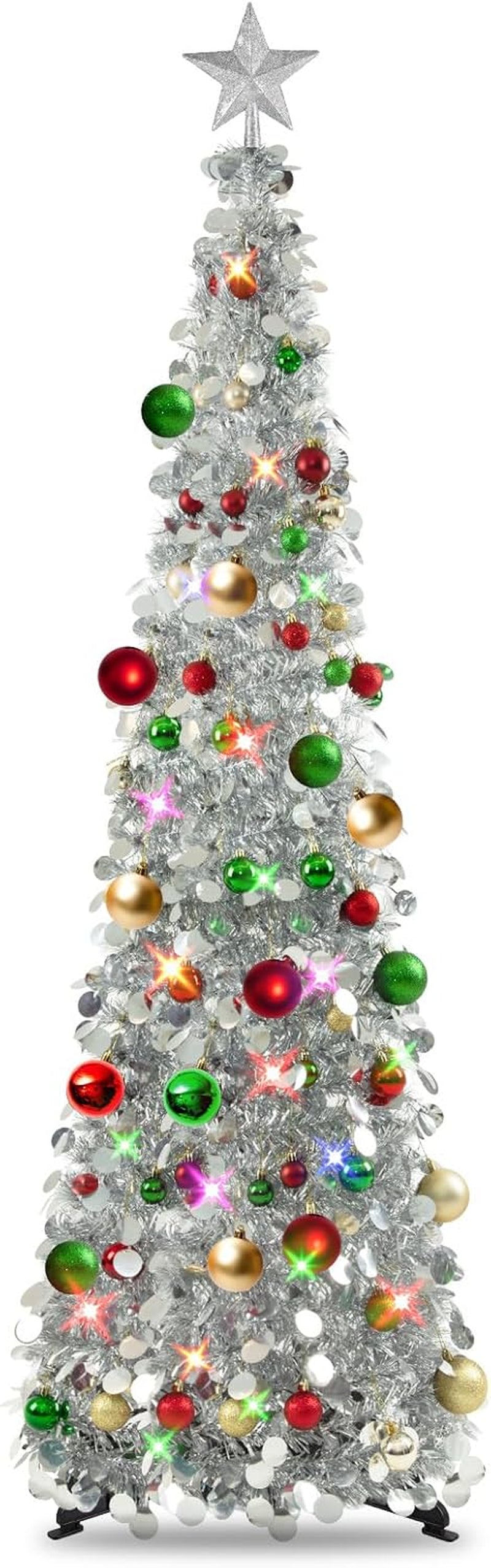 Pop up Christmas Tree with Lights & 30 Balls, 5Ft Collapsible Silver Tinsel Christmas Tree Decoration for Holiday Home Office Decor