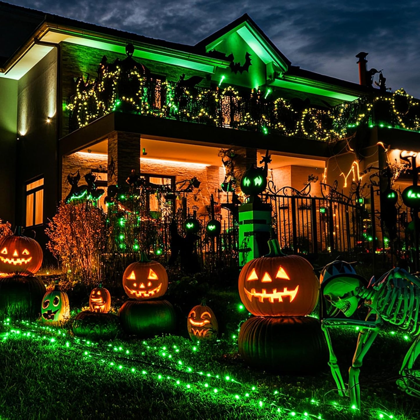 2 Pack Green Solar Halloween Lights Each 66Ft 200 LED Green Solar Lights Outdoor, 8 Modes Copper Wire Solar Fairy Lights for Garden Yard Patio Christmas Halloween Decorations