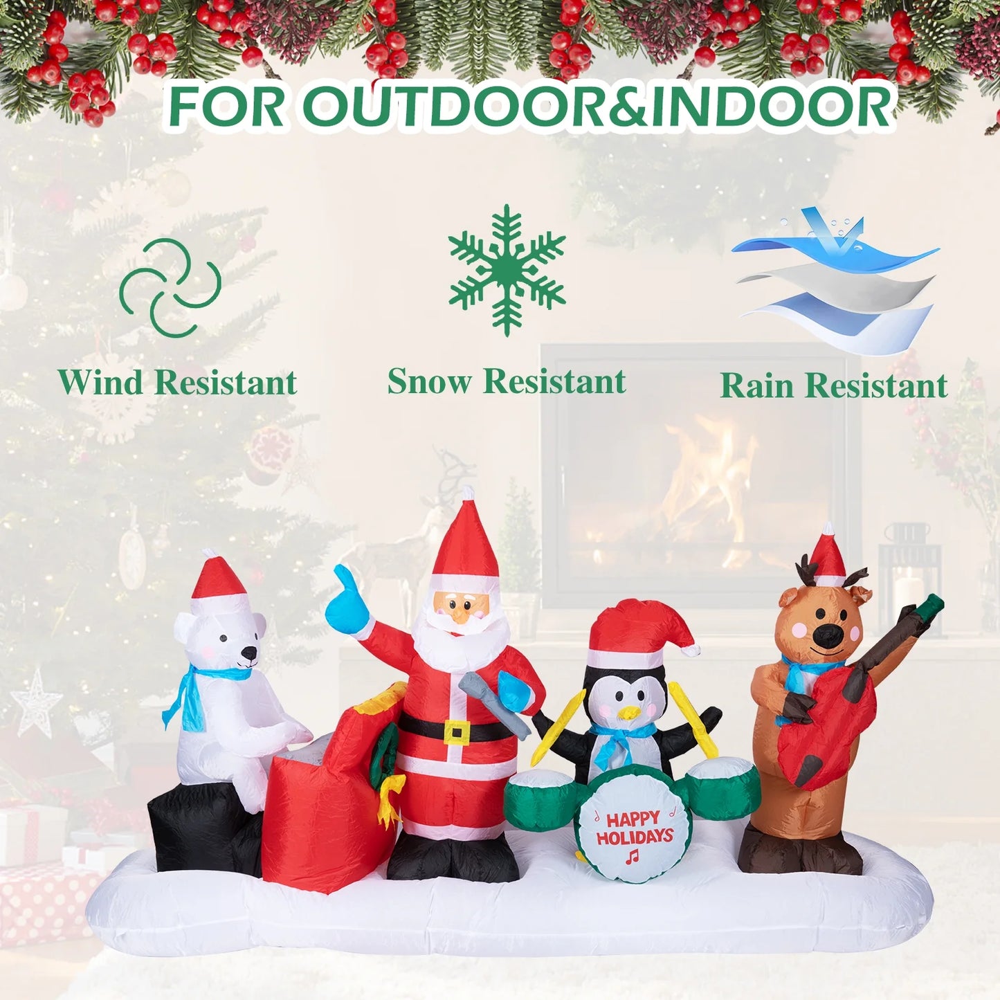Vipush 8.8Ft Long Christmas Inflatables Cute Animal Band Inflatables Santa Penguin Bear Decor with LED Lights