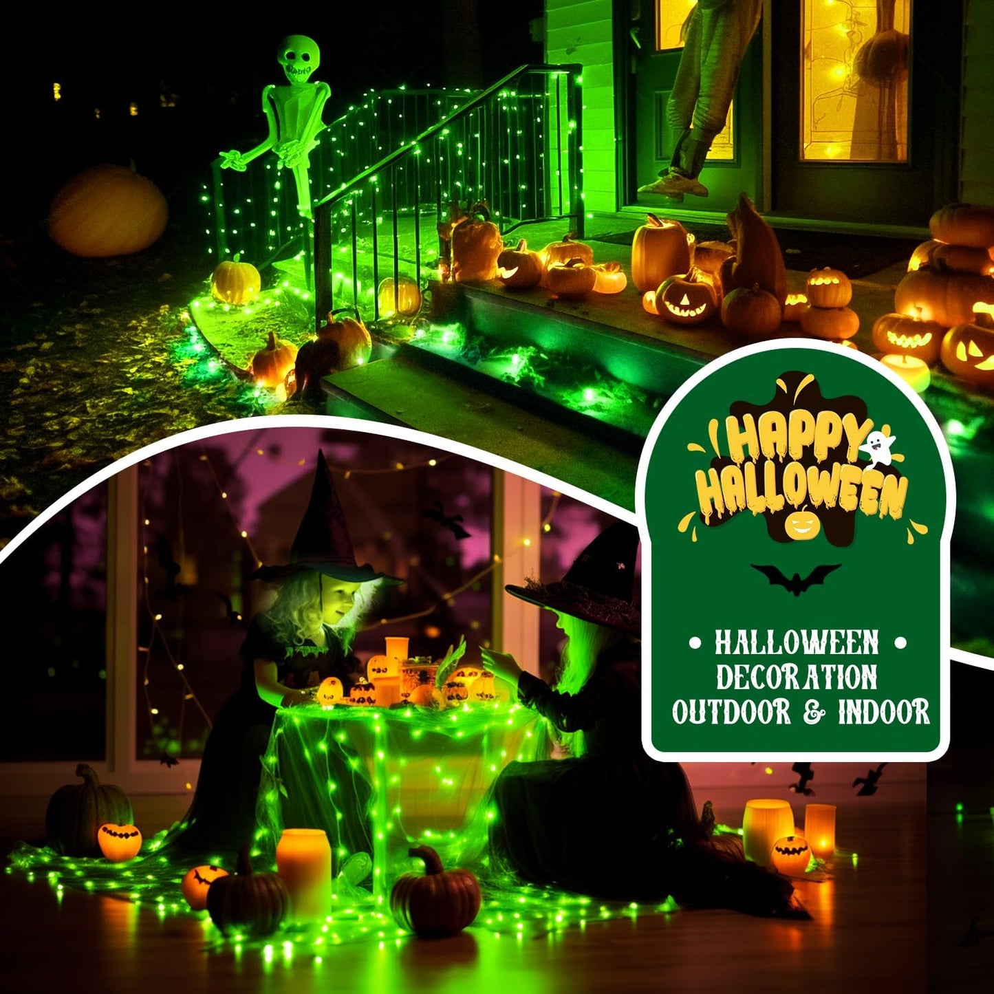 2 Pack Green Solar Halloween Lights Each 66Ft 200 LED Green Solar Lights Outdoor, 8 Modes Copper Wire Solar Fairy Lights for Garden Yard Patio Christmas Halloween Decorations