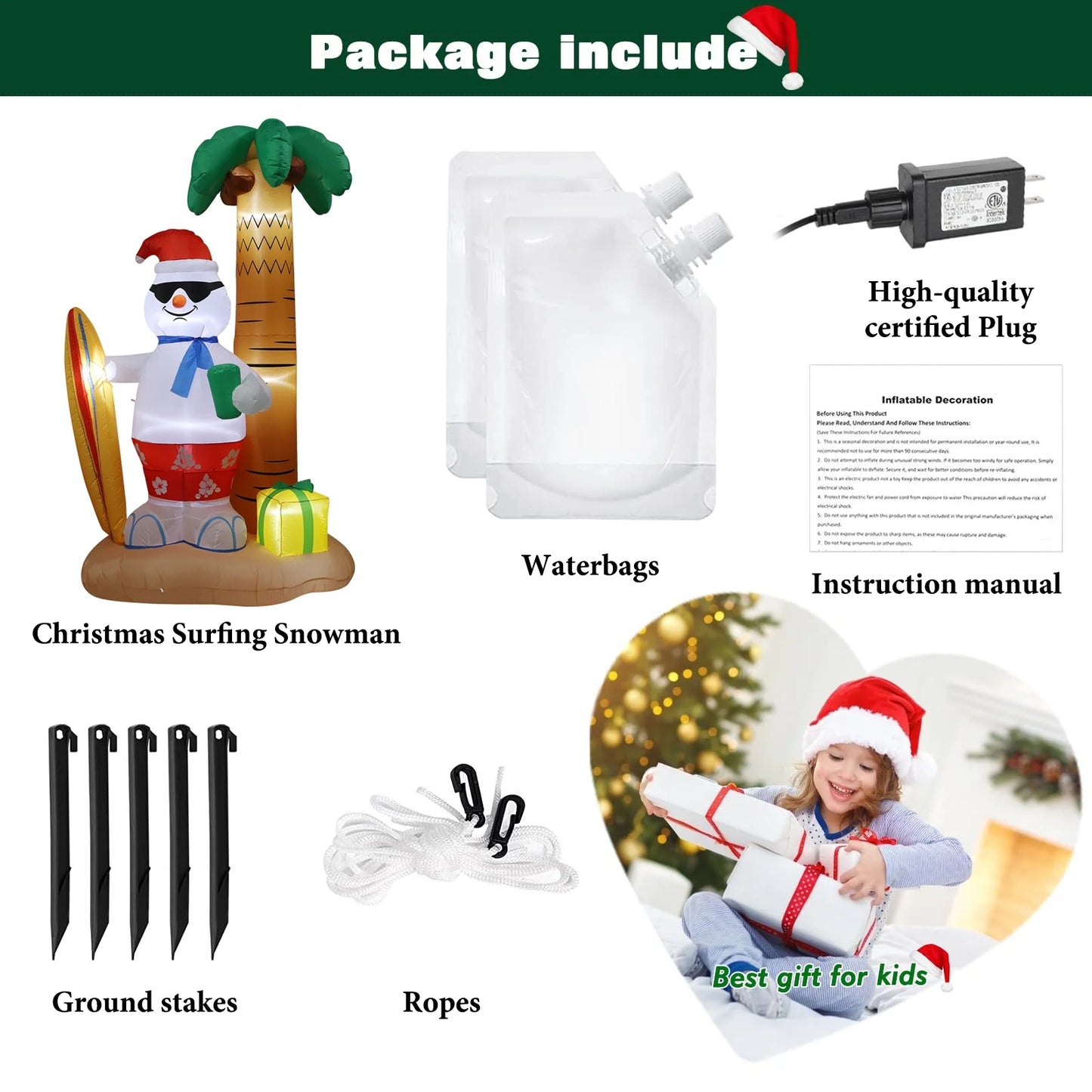 8 FT Christmas Inflatable Surfing Snowman Lawn Outdoor Decorations, Blow up Snowman with Gift, Built-In LED Lights, Xmas Decor Holiday Indoor Outdoor Party Garden Yard Decoration