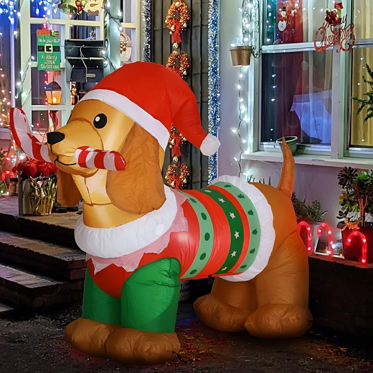 5Ft Christmas Inflatables Dog, Outdoor Christmas Decorations Inflatable Dog with Led Lights, Light up Presents Christmas Decoration Yard Inflatables Dog with Candy Cane, Hat, Clothes