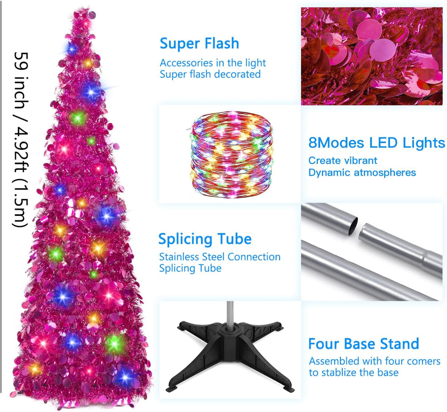 Pop up Fuchsia Tinsel Christmas Tree with Lights & 30 Balls, 5Ft Collapsible Skinny Tree for Home Office Decor, Fuchsia
