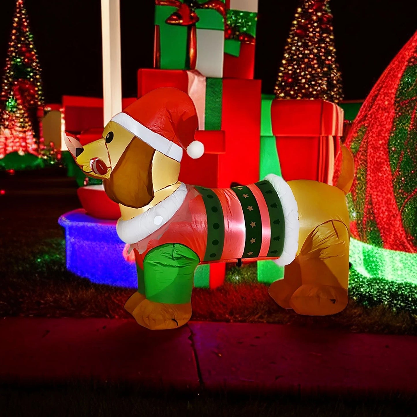 5Ft Christmas Inflatables Dog, Outdoor Christmas Decorations Inflatable Dog with Led Lights, Light up Presents Christmas Decoration Yard Inflatables Dog with Candy Cane, Hat, Clothes