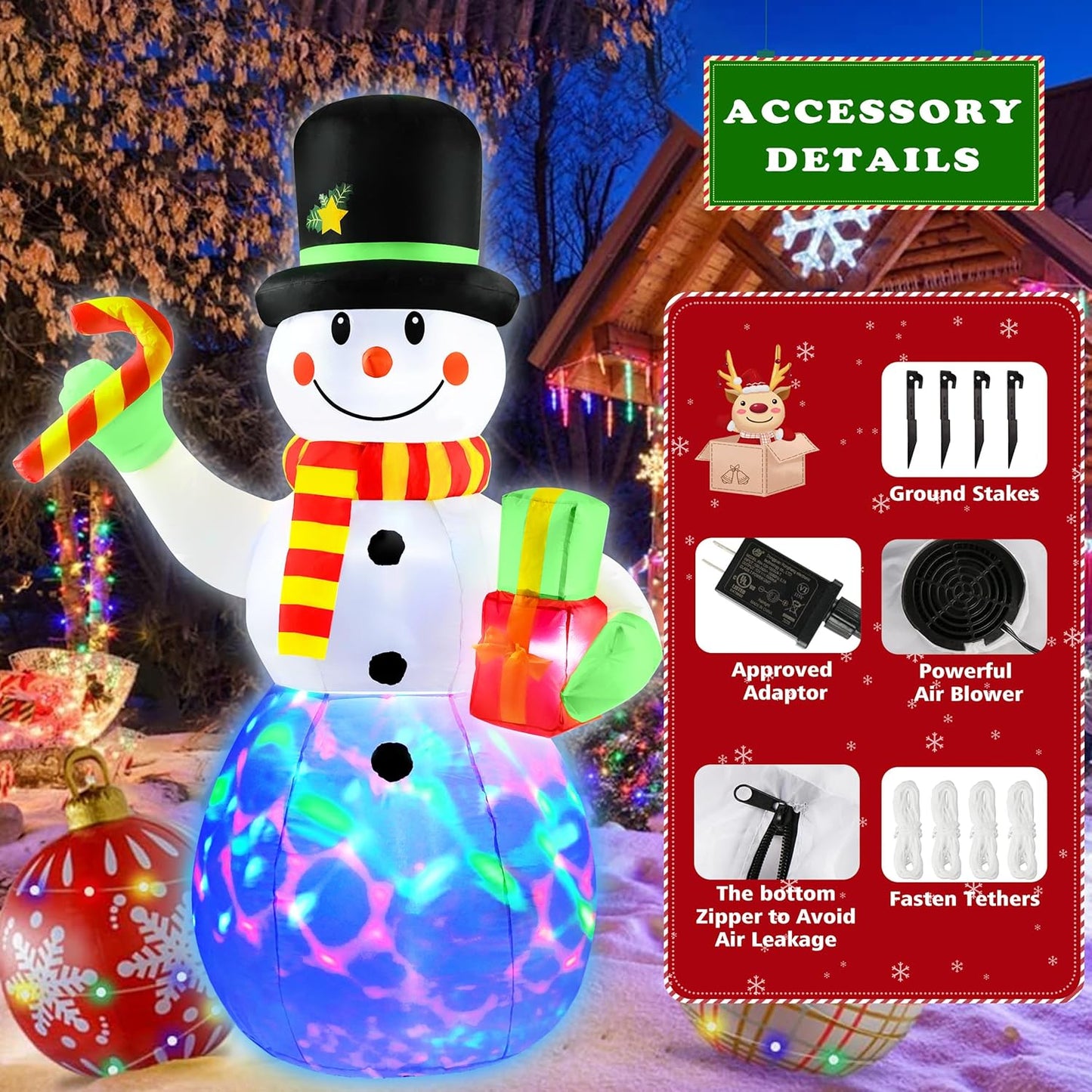 7 FT Christmas Inflatables Snowman Outdoor Decorations with Candy Cane Gift Box,