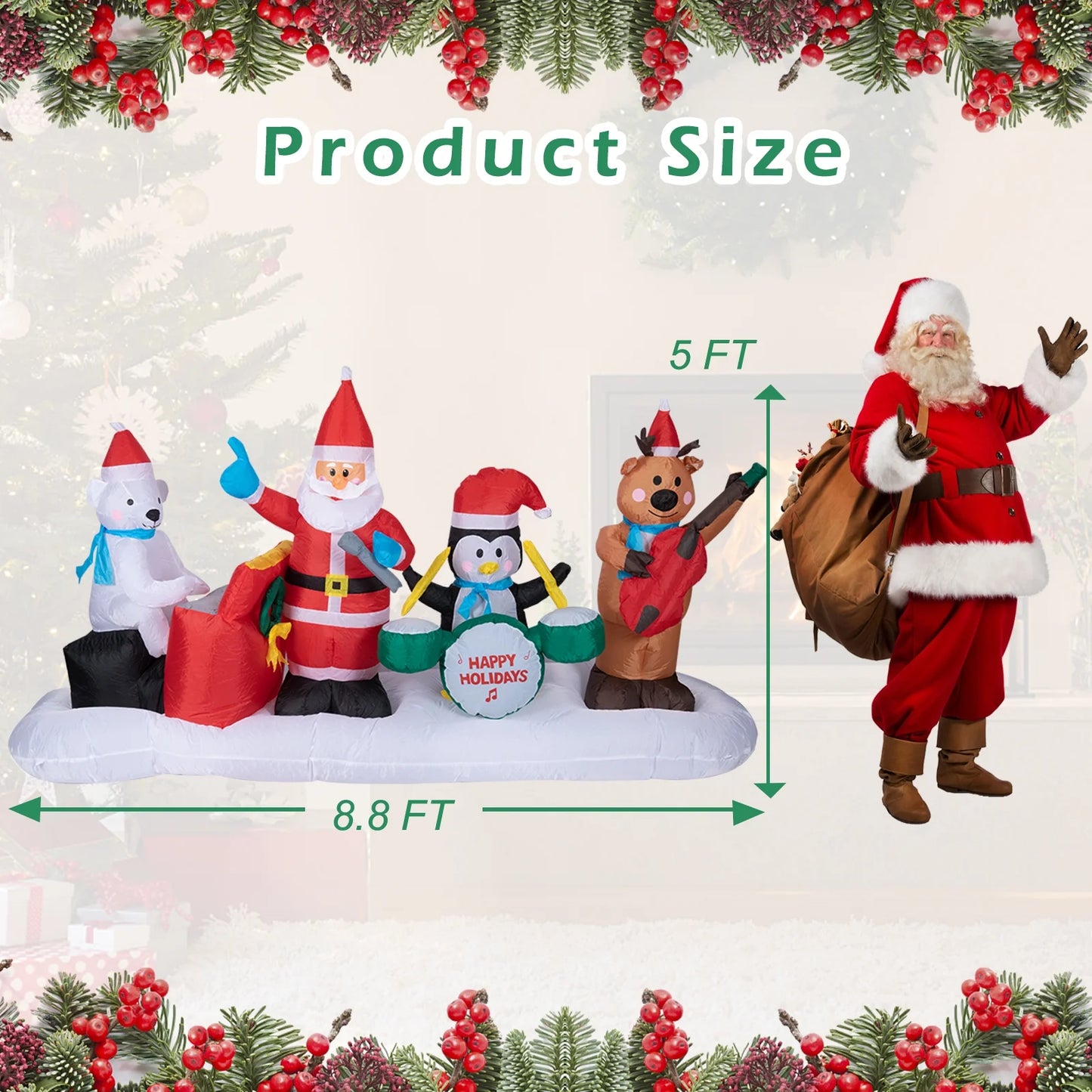 Vipush 8.8Ft Long Christmas Inflatables Cute Animal Band Inflatables Santa Penguin Bear Decor with LED Lights