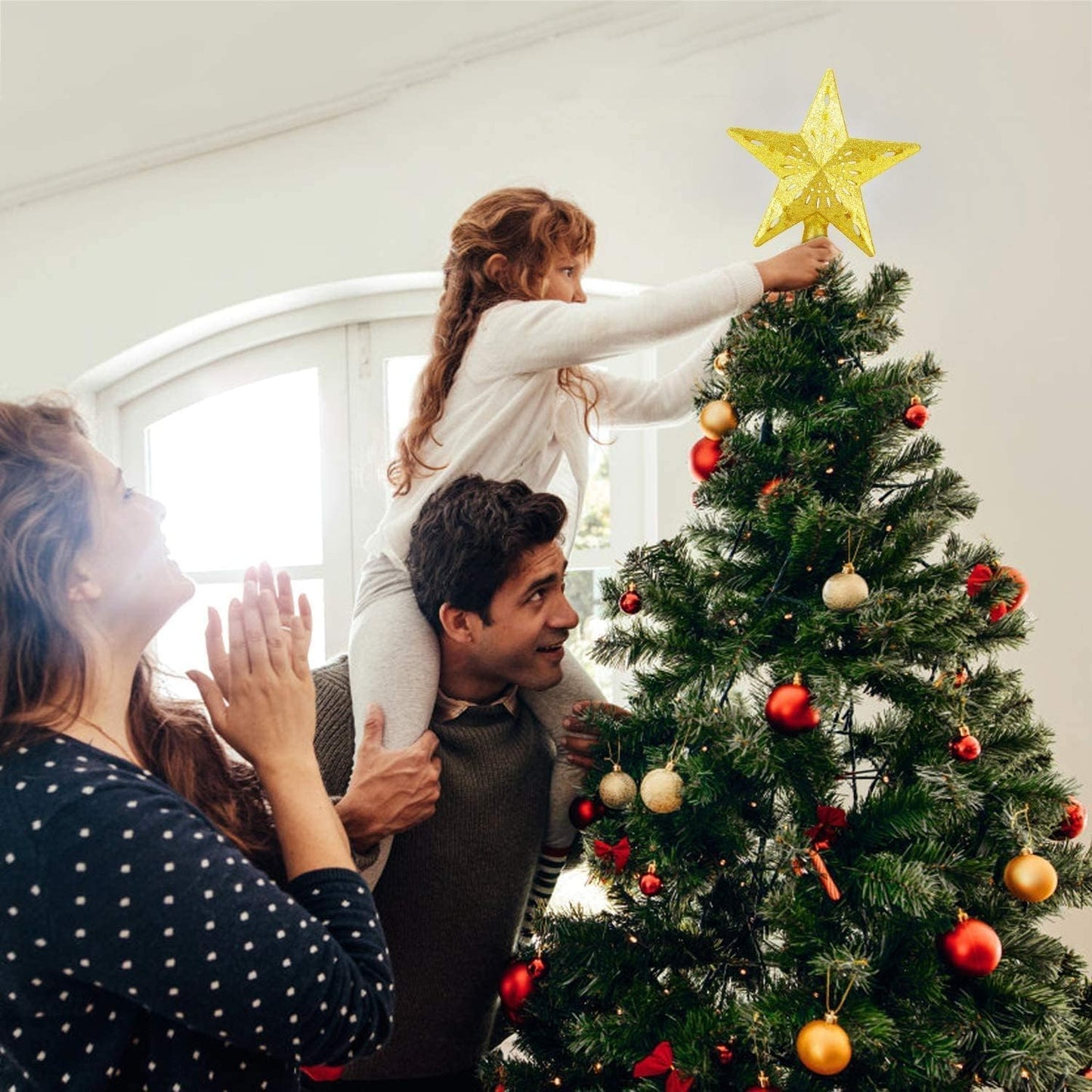 Christmas Tree Topper Lighted Gold Star Tree Topper with LED Rotating Snowflake Projector, 3D Glitter Tree Star Topper for Christmas Tree Decorations Holiday Party Decor