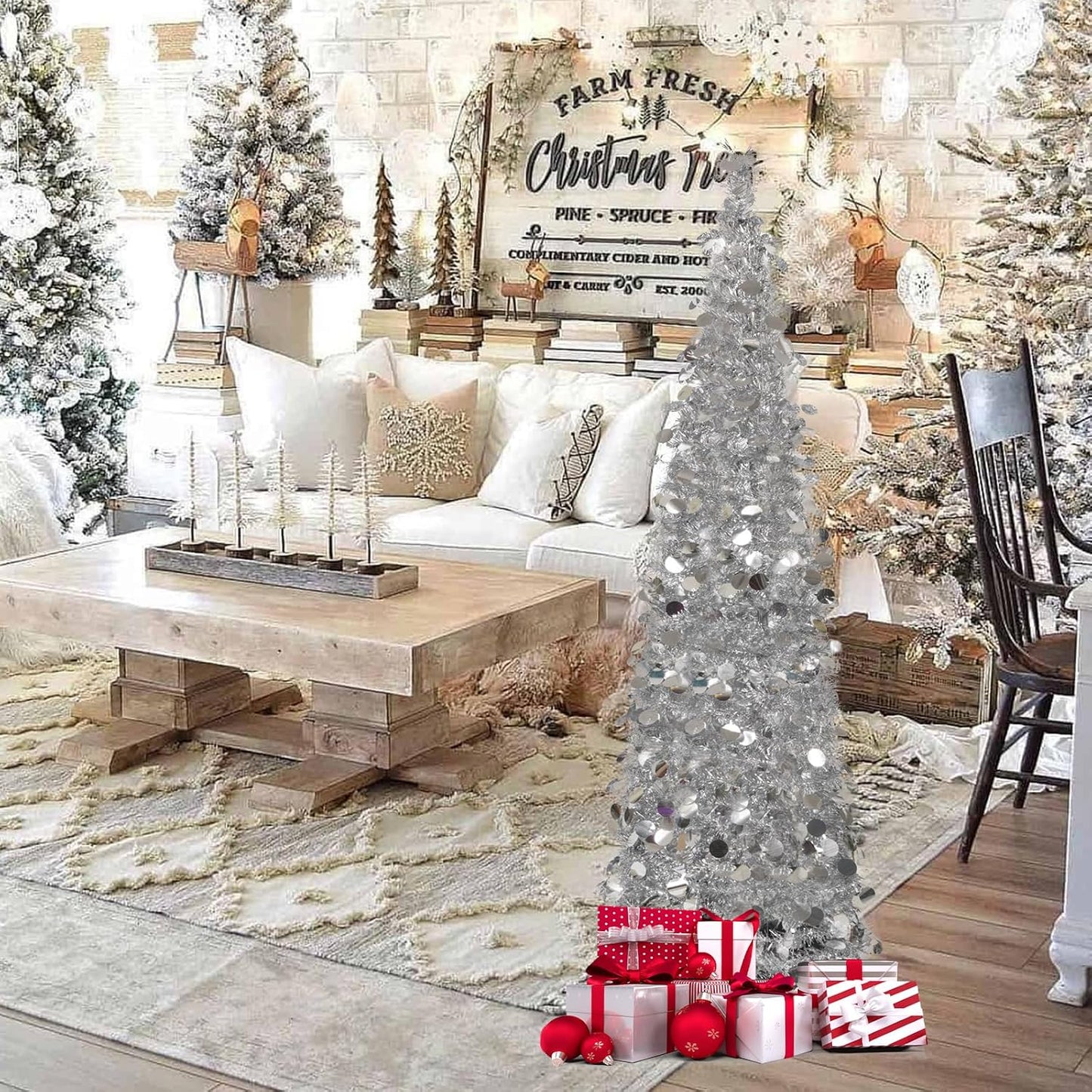 Pop up Christmas Tree with Lights & 30 Balls, 5Ft Collapsible Silver Tinsel Christmas Tree Decoration for Holiday Home Office Decor