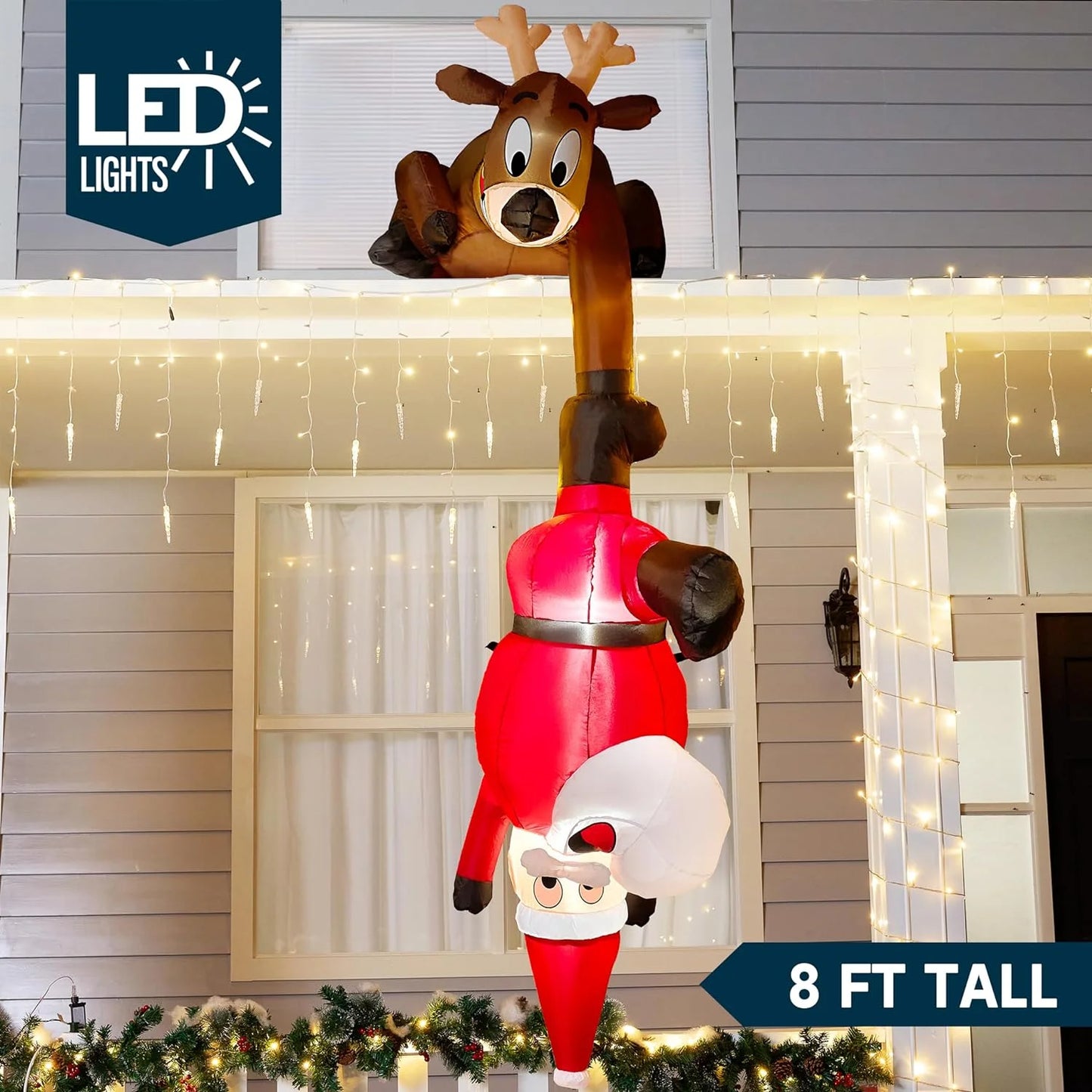 8 FT Christmas Inflatables Santa Outdoor Decorations,Christmas Reindeer and Climbing Santa Blow Ups Yard with Built-In Leds for Holiday Party Garden Lawn Decor