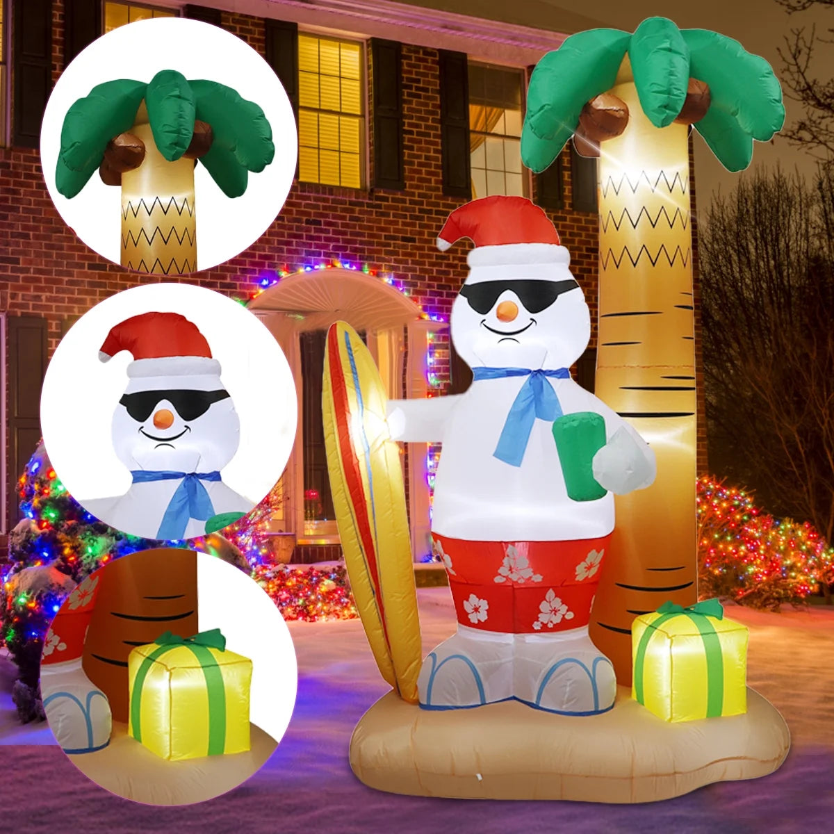 8 FT Christmas Inflatable Surfing Snowman Lawn Outdoor Decorations, Blow up Snowman with Gift, Built-In LED Lights, Xmas Decor Holiday Indoor Outdoor Party Garden Yard Decoration