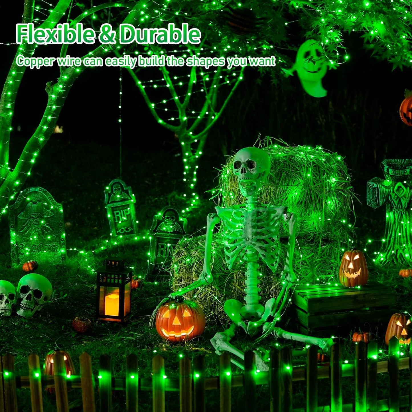 2 Pack Green Solar Halloween Lights Each 66Ft 200 LED Green Solar Lights Outdoor, 8 Modes Copper Wire Solar Fairy Lights for Garden Yard Patio Christmas Halloween Decorations