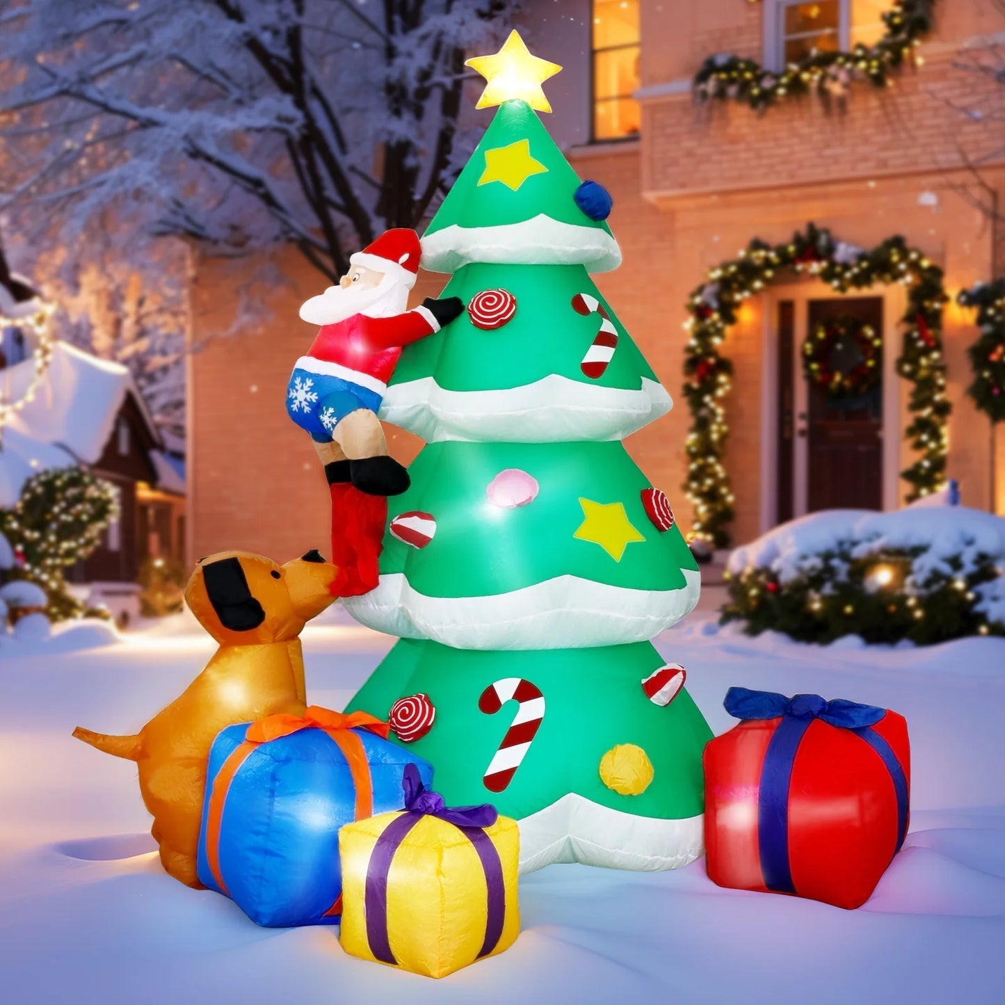 7FT Christmas Inflatables Decoration Outdoor LED Lights Santa Claus Being Chased up the Tree Blow up Xmas Decor Lawn Yard Patio Garden Christmas Decor Indoor Festive Holiday Spirit