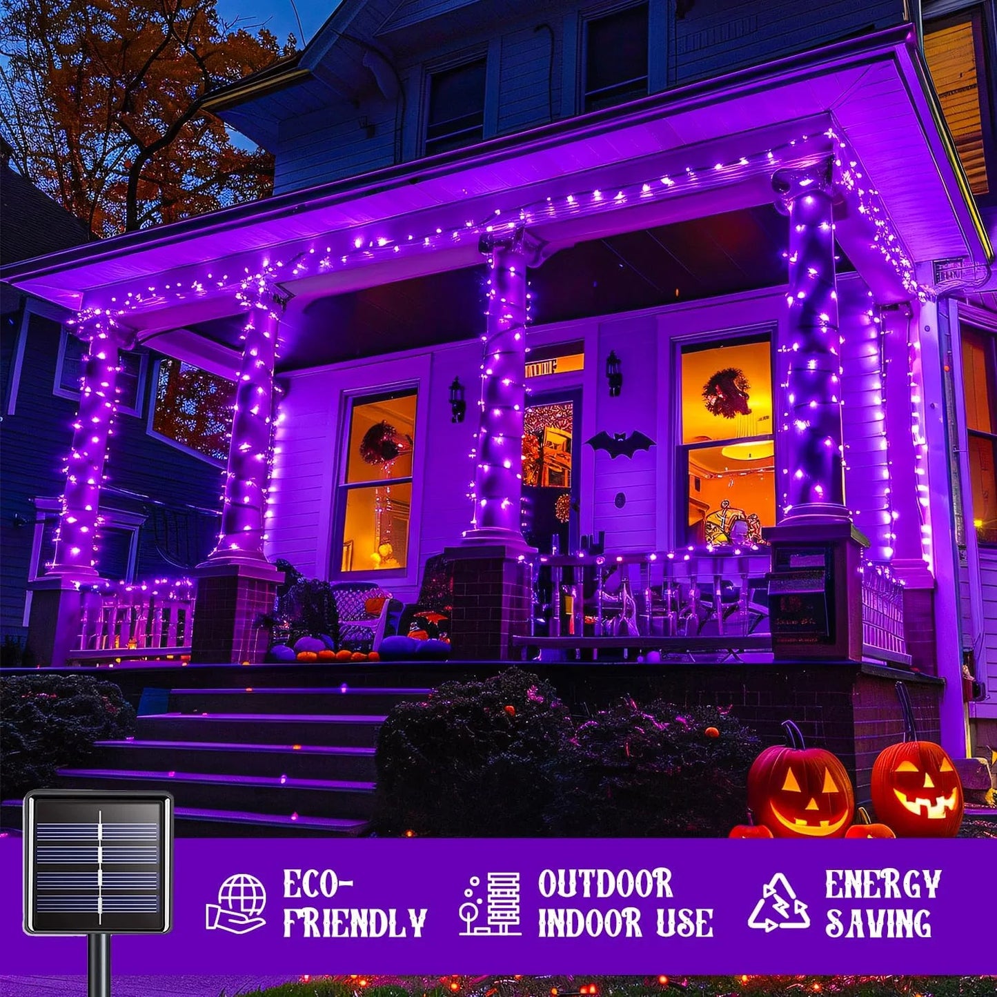 2 Pack Solar Halloween Lights, 100 LED 42.7Ft Purple Halloween Lights Outdoor Waterproof, 8 Modes Solar String Lights for Halloween, Christmas Tree, Gardens, Party, Xmas, Outside