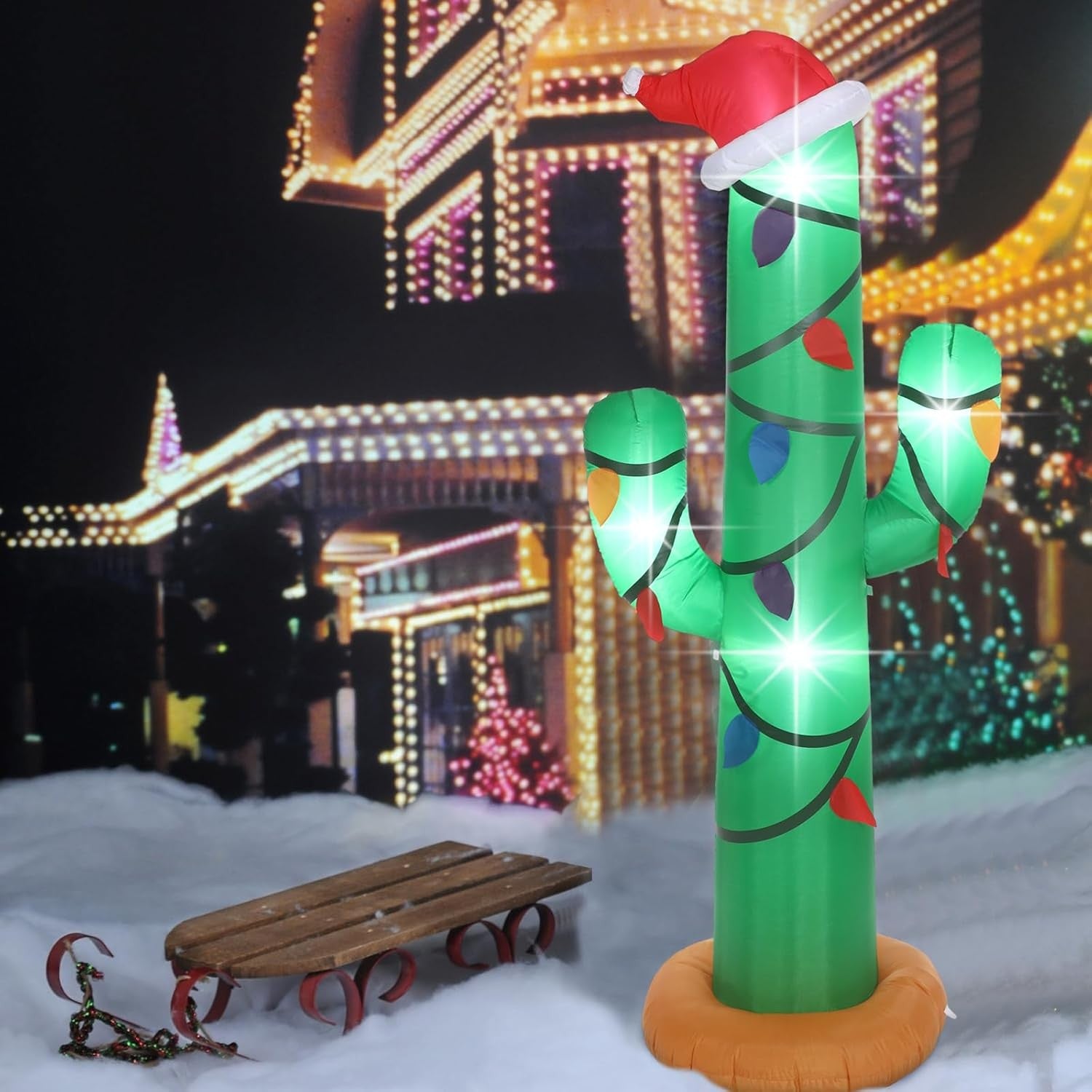 7 Ft Christmas Inflatables Outdoor Decorations Blow up Christmas Cactus with LED