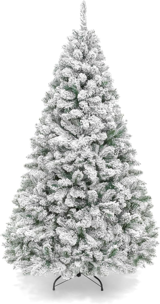 Artificial Christmas Tree, 7.5Ft Unlit Snow Flocked Design Pine Tree, Full Appearance Snowy W/Easy Assembly, Metal Stand