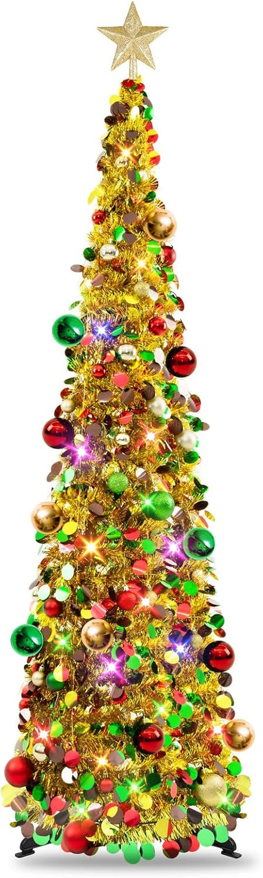 Pop up Christmas Tree with Lights & 30 Balls, 5Ft Collapsible Gold Mix Tinsel Skinny Christmas Tree Decorations for Holiday Xmas Home Office Decor