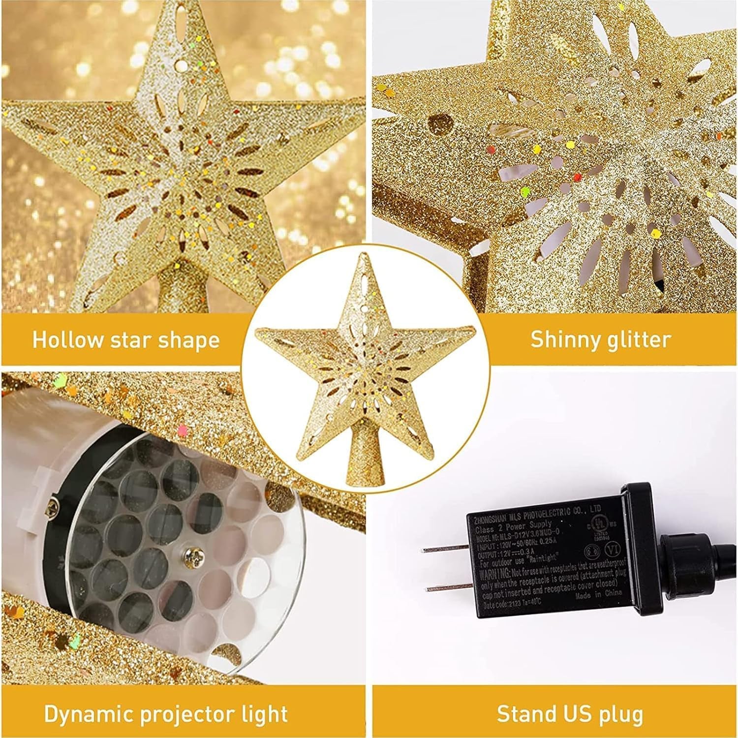 Christmas Tree Topper Lighted Gold Star Tree Topper with LED Rotating Snowflake Projector, 3D Glitter Tree Star Topper for Christmas Tree Decorations Holiday Party Decor