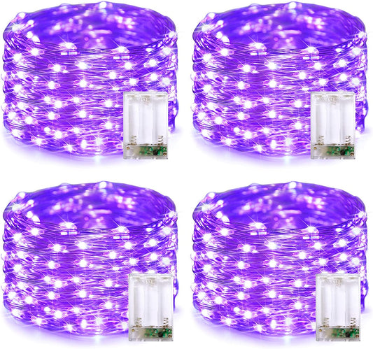 4 Pack 50 LED Halloween Fairy Lights Battery Operated, 16.1Ft Purple String Lights, Mini Christmas Lights Indoor Outdoor Waterproof for Bedroom Party Halloween Christmas Decorations