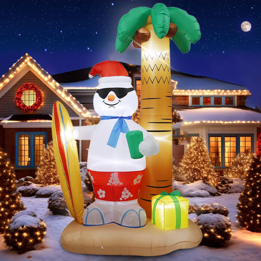 8 FT Christmas Inflatable Surfing Snowman Lawn Outdoor Decorations, Blow up Snowman with Gift, Built-In LED Lights, Xmas Decor Holiday Indoor Outdoor Party Garden Yard Decoration