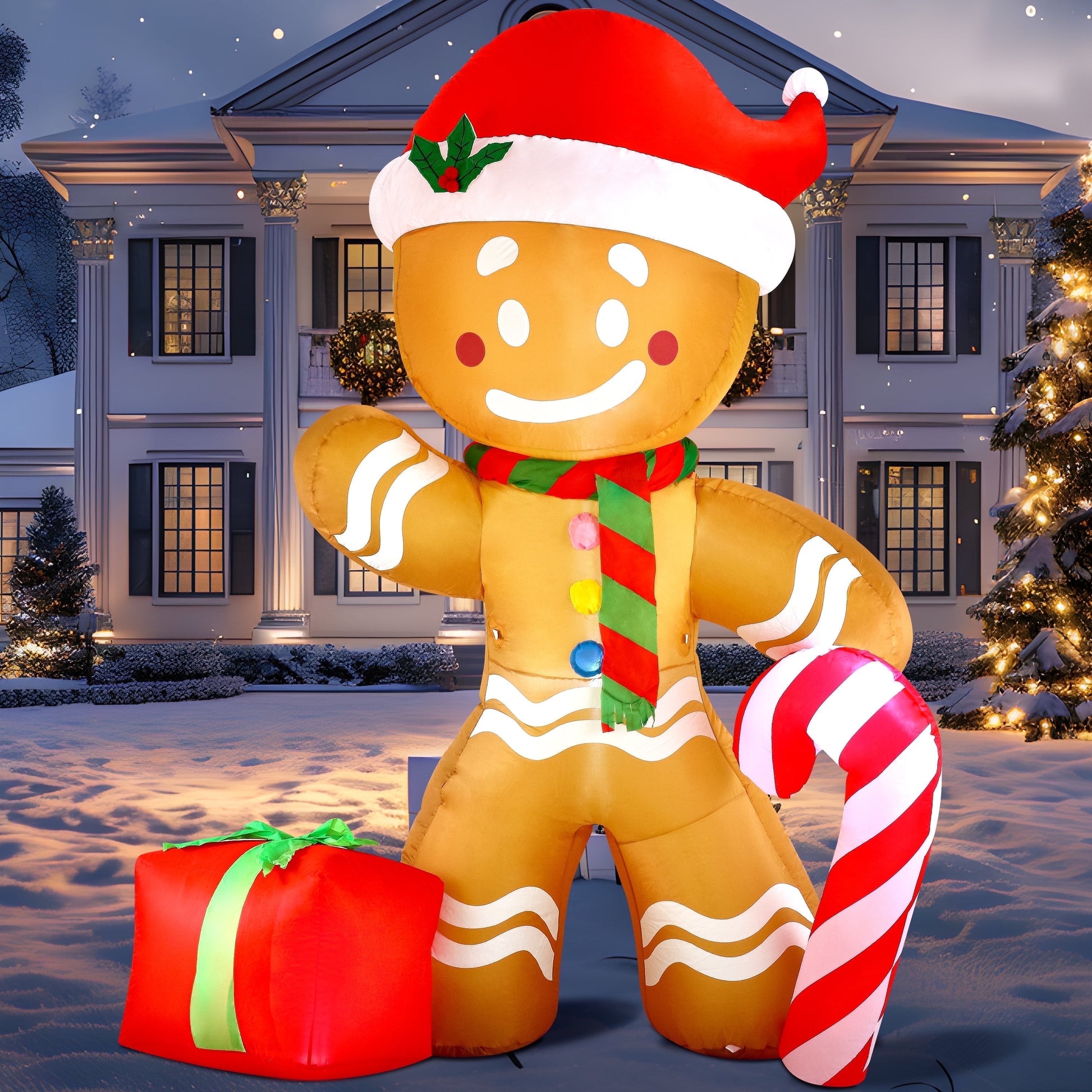 8 FT Christmas Inflatables Gingerbread Man Outdoor Decorations,Gingerbread Man with Candy Cane Blow Ups Yard with Built-In Leds for Holiday Party Garden Lawn Decor