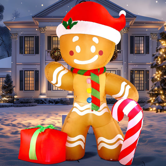 8 FT Christmas Inflatables Gingerbread Man Outdoor Decorations,Gingerbread Man with Candy Cane Blow Ups Yard with Built-In Leds for Holiday Party Garden Lawn Decor