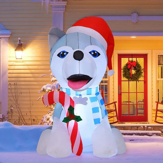 4 FT Christmas Inflatables Outdoor Dog Christmas Decorations Inflatable Christmas Dog Blow up Husky Dogs Holding Candy Cane Christmas Decoration with Built-In Leds for Xmas Party Garden Decor