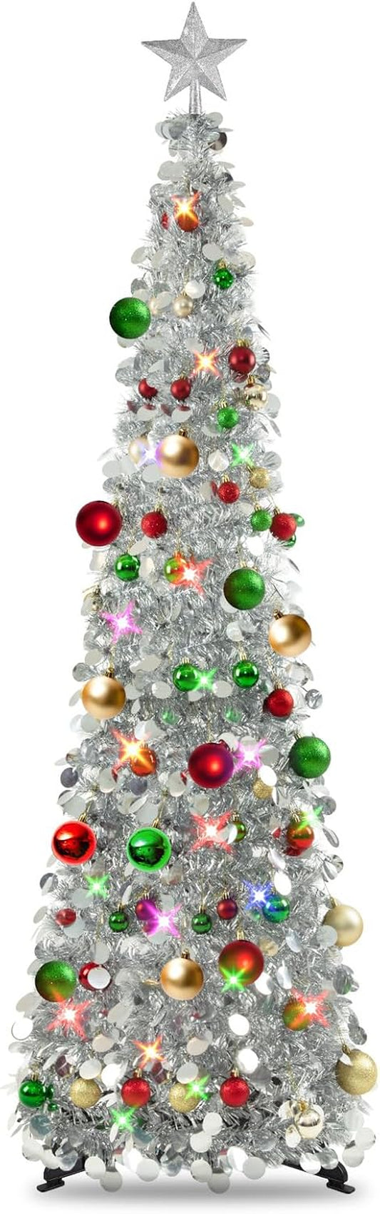 Pop up Christmas Tree with Lights & 30 Balls, 5Ft Collapsible Silver Tinsel Christmas Tree Decoration for Holiday Home Office Decor