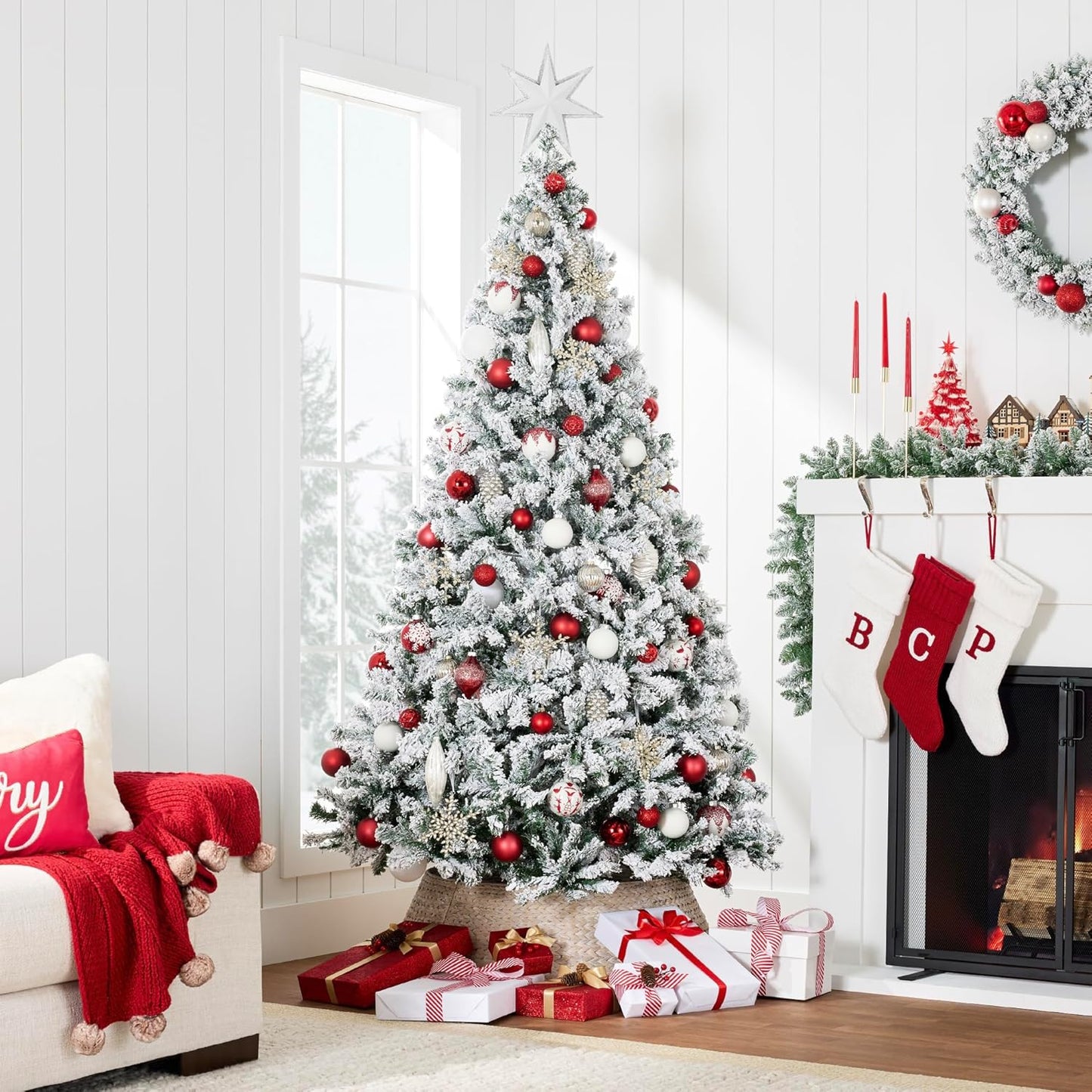Artificial Christmas Tree, 7.5Ft Unlit Snow Flocked Design Pine Tree, Full Appearance Snowy W/Easy Assembly, Metal Stand