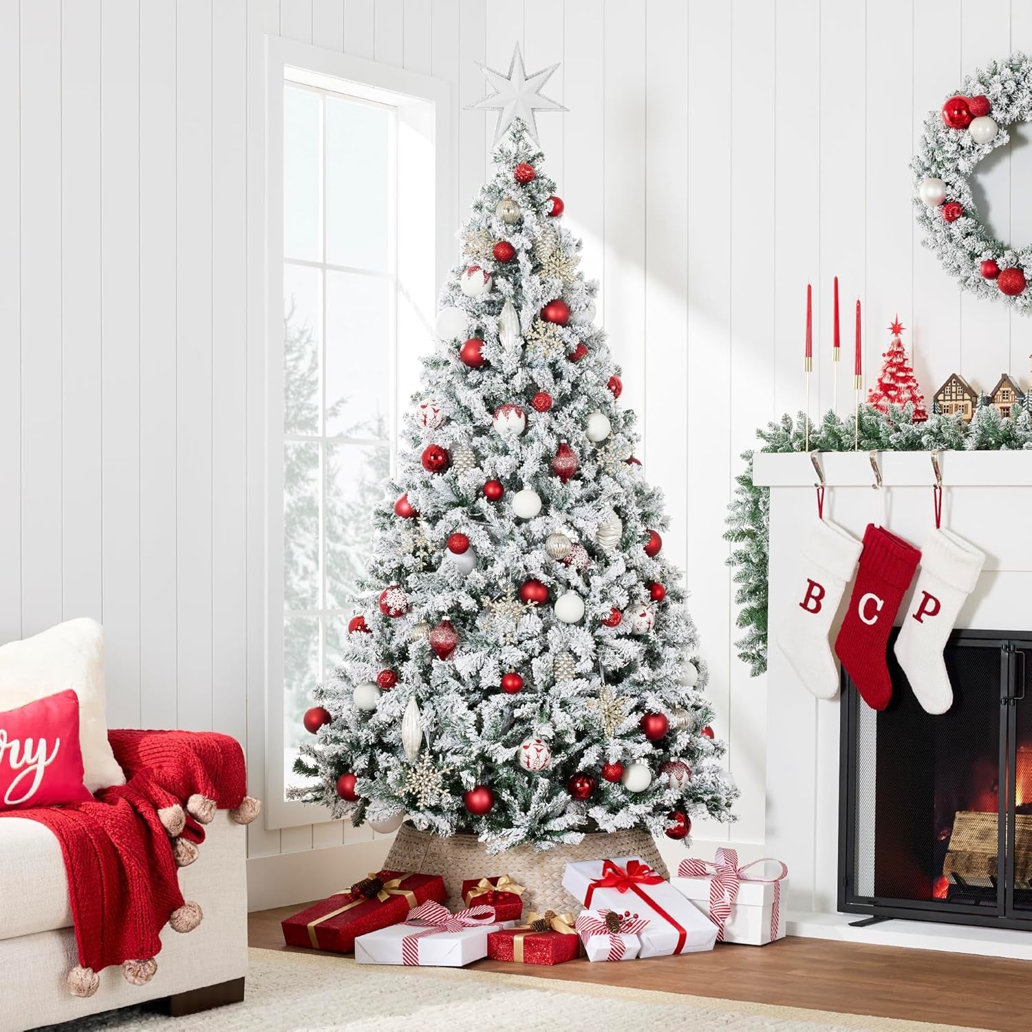 Artificial Christmas Tree, 7.5Ft Unlit Snow Flocked Design Pine Tree, Full Appearance Snowy W/Easy Assembly, Metal Stand