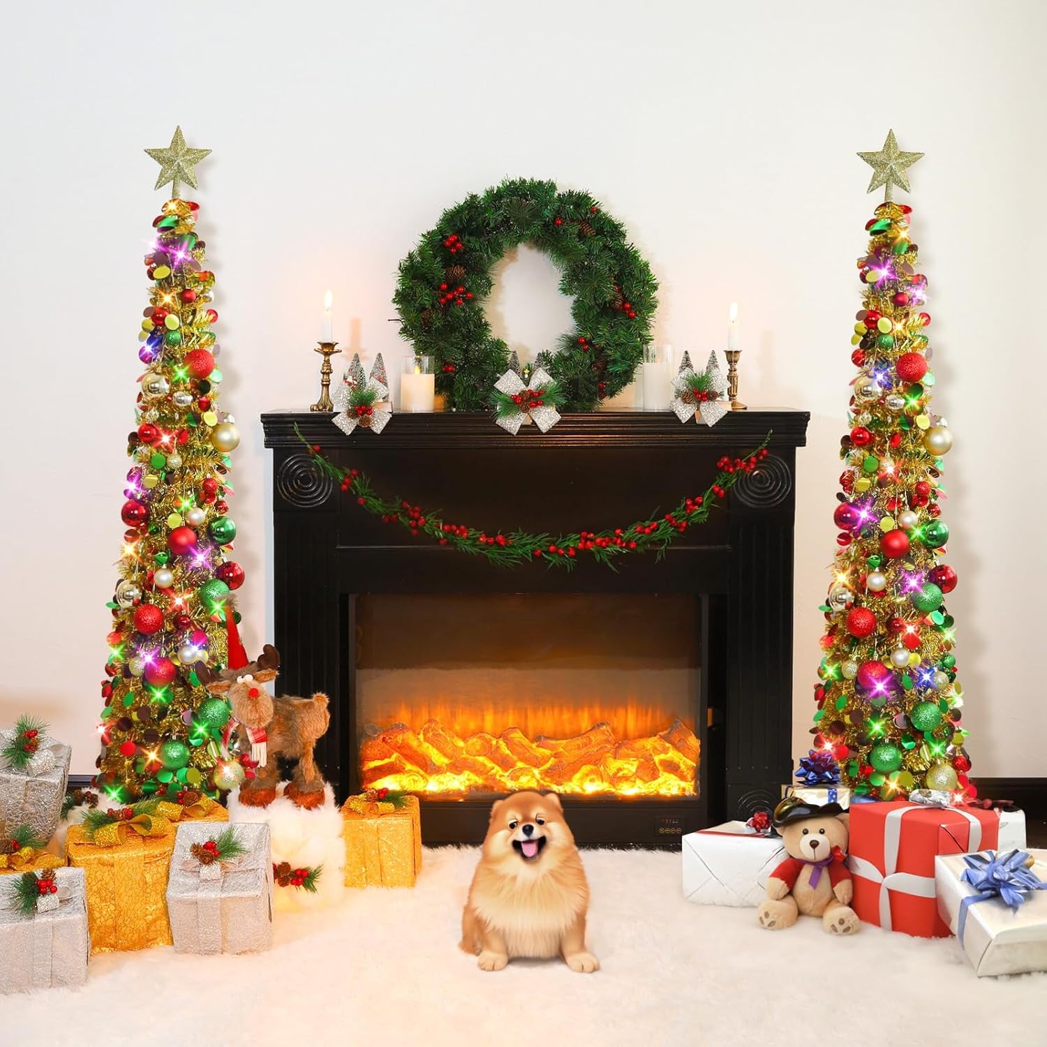 Pop up Christmas Tree with Lights & 30 Balls, 5Ft Collapsible Gold Mix Tinsel Skinny Christmas Tree Decorations for Holiday Xmas Home Office Decor