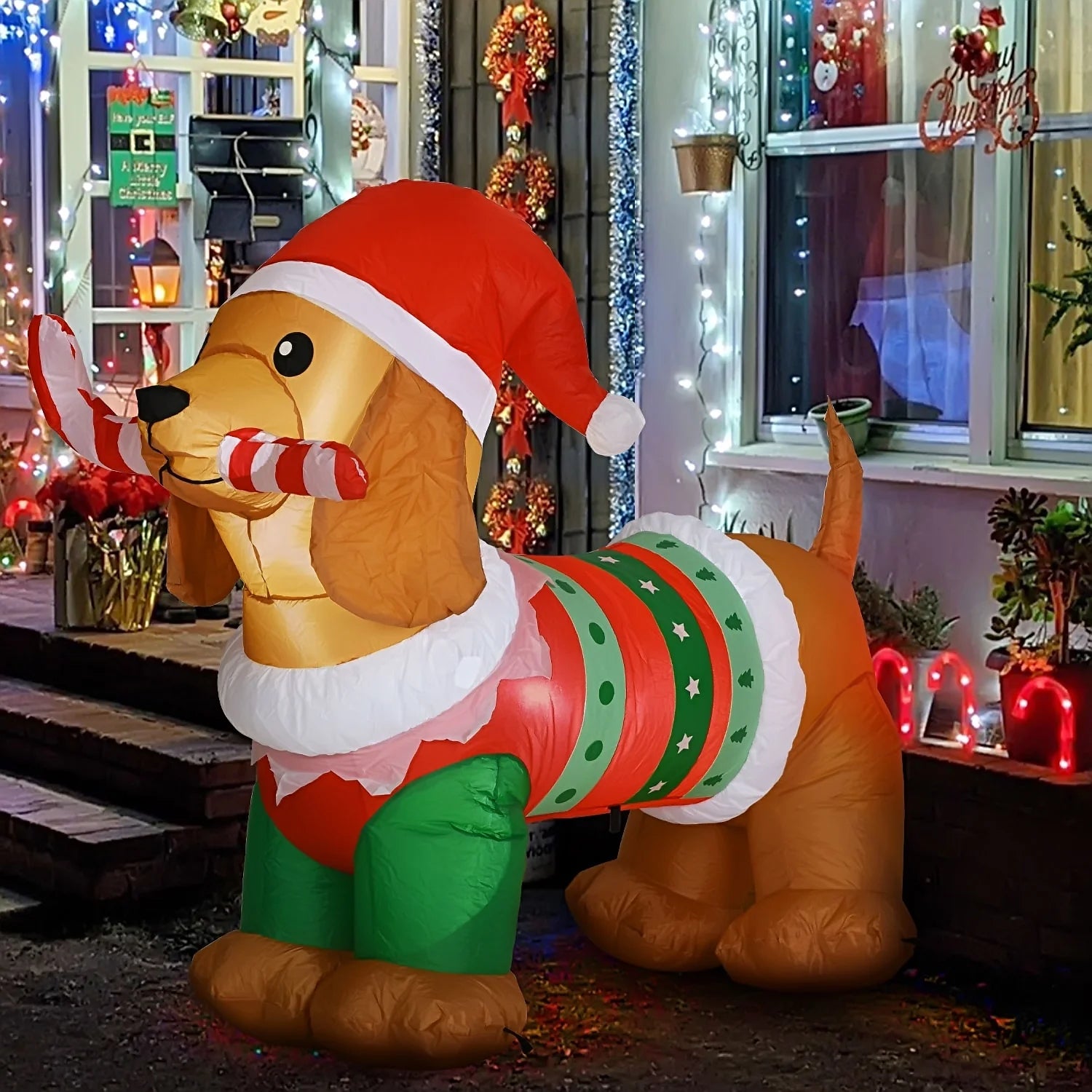 5Ft Christmas Inflatables Dog,  Outdoor Christmas Decorations Inflatable Dog with Led Lights, Light up Presents Christmas Decoration Yard Inflatables Dog with Candy Cane, Hat, Clothes