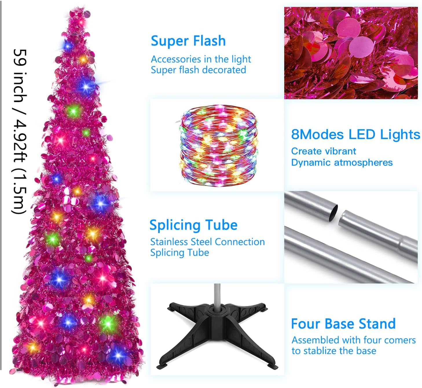 Pop up Fuchsia Tinsel Christmas Tree with Lights & 30 Balls, 5Ft Collapsible Skinny Tree for Home Office Decor, Fuchsia
