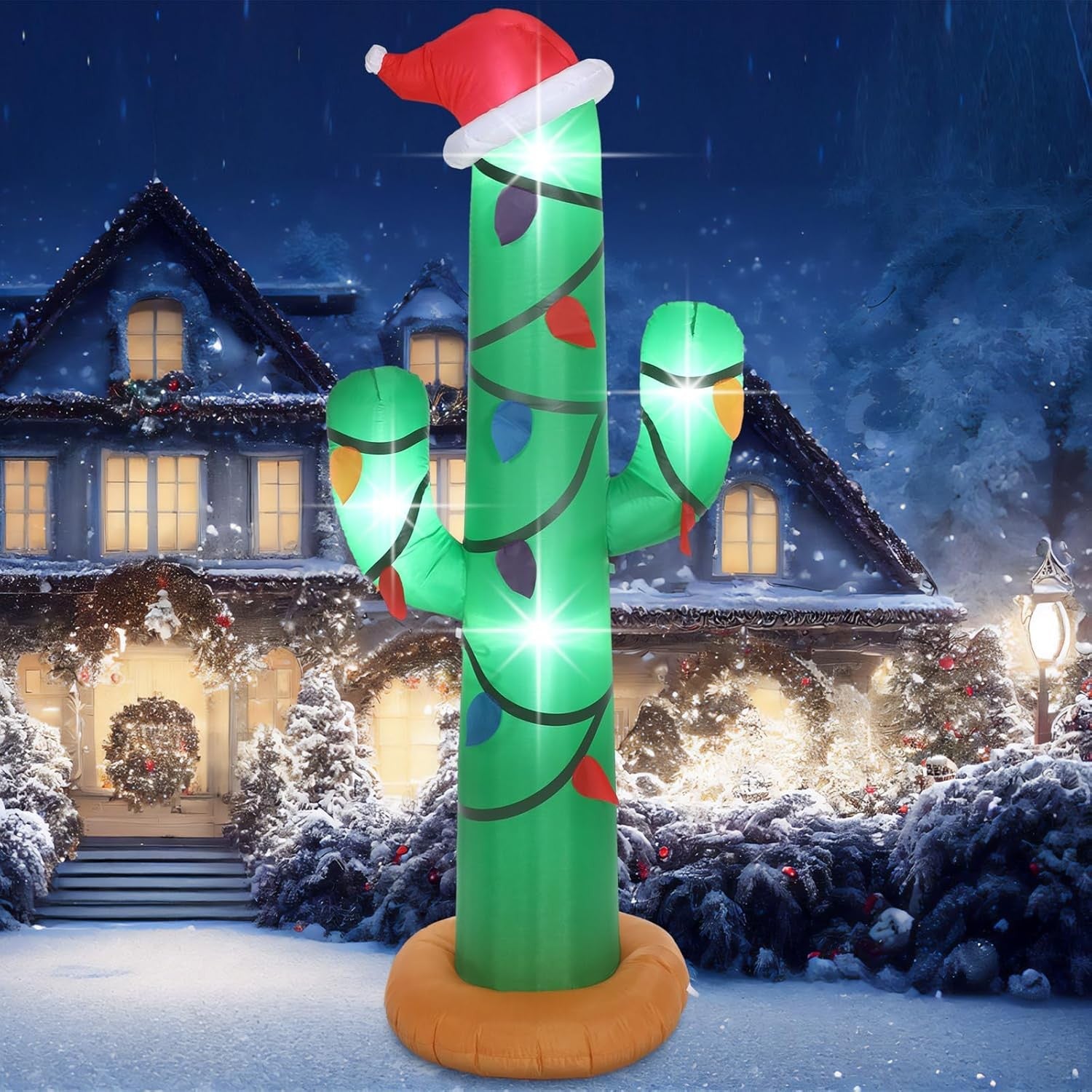 7 Ft Christmas Inflatables Outdoor Decorations Blow up Christmas Cactus with LED
