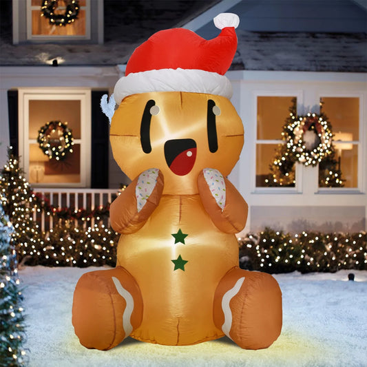 5.5Ft Christmas Inflatable Gingerbread Man,Cute Christmas Sitting Gingerbread Man Blow up Yard Decorations with Build-In LED Lights,Christmas Inflatable Decorations for Outdoor Indoor Lawn Garden